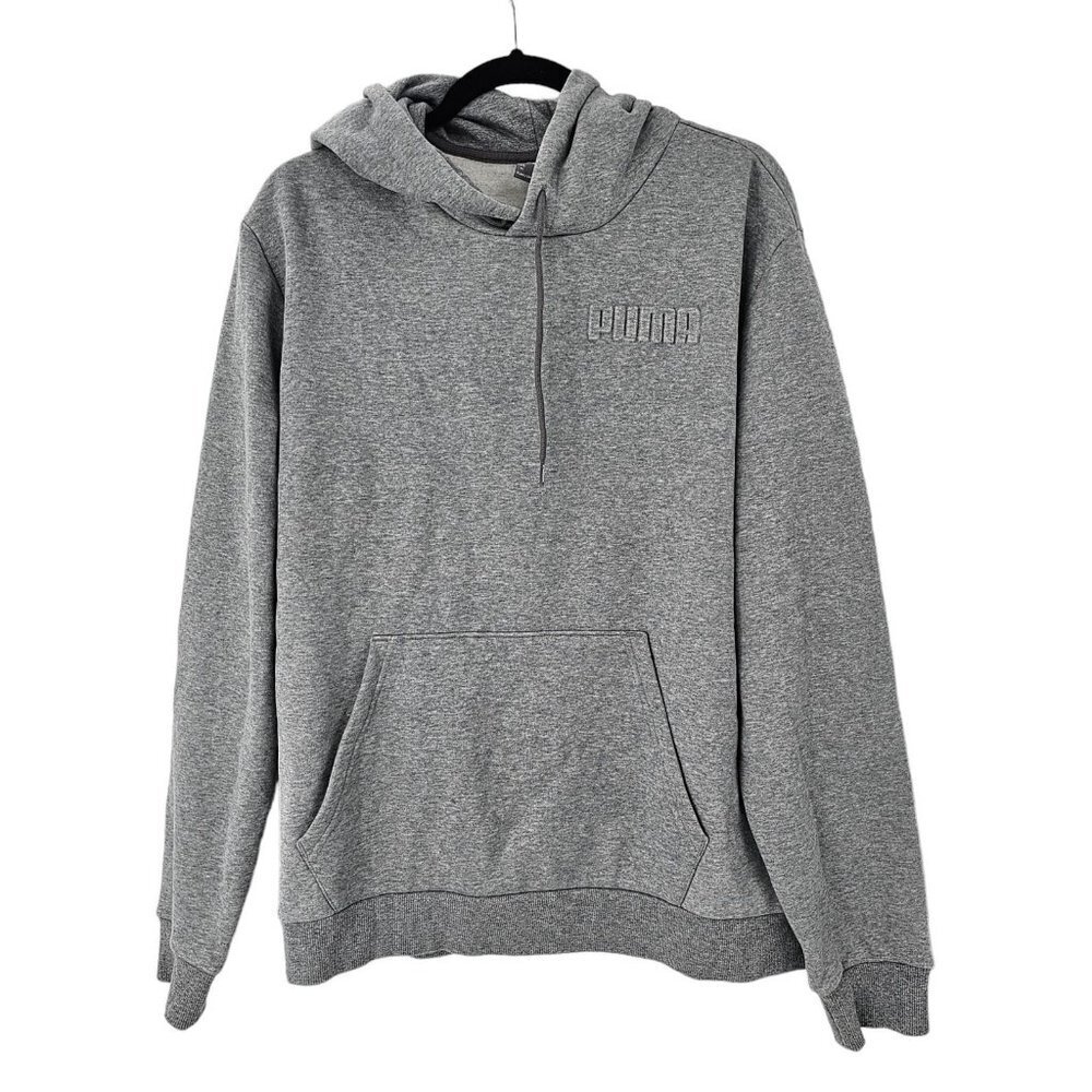 Puma Pullover Hoodie Men's Size XL Gray Fleece Logo Sweatshirt Kangaroo Pockets
